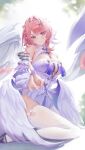  1girl absurdres aki_(xhs_428379286) breasts chinese_commentary cleavage commentary_request detached_sleeves dress feathered_wings highres large_breasts looking_at_viewer mechanical_wings medium_hair pink_hair pointy_ears purple_eyes remielle_dan short_dress smile solo thighhighs thighs white_dress white_thighhighs white_wings wings zenless_zone_zero 