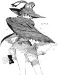  1girl ass_visible_through_thighs bow cape character_name clothes_lift commentary_request covering_own_mouth dress dress_lift feet_out_of_frame hat holding holding_wand lace-trimmed_dress lace_trim renkin_san-kyuu_magical_pokaan short_dress solo tan_(magipoka) thigh_strap uma_(magipoka) wand witch_hat yug_(ekaki) 
