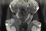  1boy abs armpit_hair armpits arms_up bara beard blush bound bound_wrists bulge come_hither cum cum_on_clothes erection erection_under_clothes facial_hair final_fantasy final_fantasy_xiv greyscale hairy highres large_pectorals looking_at_viewer male_focus male_pubic_hair mature_male monochrome muscular muscular_male nipples original pectorals penis penis_peek pubic_hair roegadyn saliva shi_(pixiv_24993110) solo sparse_arm_hair sparse_chest_hair sparse_leg_hair spot_color spread_legs thick_eyebrows thighs tongue tongue_out warrior_of_light_(ff14) wolf_hood 