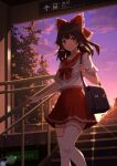  1girl absurdres alternate_costume bag blush bow bowtie brown_eyes brown_hair chinese_commentary cloud commentary_request contemporary evening frilled_bow frilled_hair_tubes frills hair_bow hair_tubes hakurei_reimu highres long_hair open_mouth outdoors pleated_skirt red_bow red_bowtie red_sailor_collar red_skirt sailor_collar school_bag school_uniform sdftehn shirt short_sleeves skirt smile solo stairs thighhighs touhou white_shirt white_thighhighs 