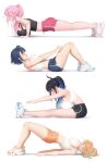  >_< 4girls ? absurdres bare_arms black_flower black_hair black_horns black_tank_top blue_hair blue_shorts blunt_bangs blush breasts breasts_on_own_face cleavage colored_inner_hair commentary crop_top dolphin_shorts earrings english_commentary exercising feather_earrings feathers flower flying_sweatdrops from_side full_body green_feathers green_hair hair_intakes hanging_breasts highres hololive hololive_english horn_flower horns inconvenient_breasts jewelry knees_up large_breasts long_hair lying midriff mole mole_under_eye mori_calliope multicolored_hair multiple_girls navel nerissa_ravencroft no_socks on_back open_mouth orange_hair orange_shorts ouro_kronii pink_eyes pink_hair pink_shorts ponytail prab push-ups shoes short_shorts shorts sidelocks simple_background sneakers sports_bra stretching takanashi_kiara tank_top virtual_youtuber white_background white_shoes white_sports_bra white_tank_top 