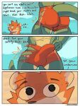 3:4 3_panel_comic anthro balls_outline big_bulge black_eyes bodily_fluids bulge butt canid canine close-up clothing comic crocodile crocodilian detailed_bulge dialogue duo english_text eye_reflection fox genital_outline genitals glistening glistening_eyes green_body hand_on_hip hi_res kay_(rolenzoart) lifeguard looking_at_bulge male male/male mammal multiple_scenes navel non-mammal_navel orange_body penis penis_outline red_clothing red_speedo red_swimwear reflection reptile rolenzoart scales scalie scolding speedo sweat swimwear tail text url wide_eyed yellow_body yellow_scales