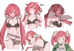  1girl :d arm_under_breasts arms_behind_back ass bare_arms bare_shoulders black_bra black_panties blush bra breasts carcano_m1891_(girls'_frontline) collarbone commentary_request covering_own_mouth cropped_legs cropped_torso eating food girls'_frontline green_eyes green_jacket hair_between_eyes highres ice_cream jacket korean_commentary lace-trimmed_bra lace-trimmed_panties lace_trim large_breasts long_hair looking_at_viewer looking_back mirae283 multiple_views navel one_eye_closed open_mouth panties red_hair simple_background small_sweatdrop smile stomach suggestive_fluid twintails underwear underwear_only white_background 