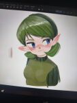  1girl :3 art_program_in_frame black_hairband blue_eyes blush breasts clip_studio_paint_(medium) closed_mouth colored_eyelashes commentary commentary_typo cropped_shoulders ear_blush english_commentary green_hair green_tunic hairband head_tilt highres kokiri looking_to_the_side nessdraw nose_blush photo_(medium) pointy_ears ribbed_sweater saria_(zelda) short_hair small_breasts smile solo sweater swept_bangs the_legend_of_zelda the_legend_of_zelda:_ocarina_of_time tunic turtleneck turtleneck_sweater white_background 