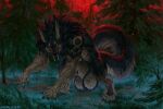 all_fours animal_genitalia anthro balls bayzan big_balls big_sheath canid canine claws digital_media_(artwork) digital_painting_(artwork) digitigrade fangs forest fully_sheathed fur genitals glowing glowing_eyes hi_res huge_balls huge_sheath looking_at_viewer male male_anthro mammal mane mythological_canine mythological_creature mythology painting_(artwork) paws plant pointy_ears prick_ears red_eyes sadnicole sheath solo tail teeth tree werecanid werecanine werecreature werewolf