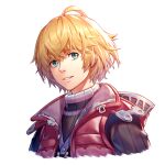  1boy ahoge black_shirt blonde_hair commentary_request cropped_torso hood hood_down looking_at_viewer male_focus parted_lips red_vest ribbed_shirt shirt short_hair shulk_(xenoblade) simple_background solo vest w2398510474 white_background xenoblade_chronicles_(series) 
