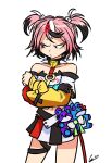  1girl alternate_hair_color bare_shoulders black_choker black_hair choker closed_mouth collarbone commentary cosplay cowboy_shot crossed_arms dated dice_hair_ornament doki_doki_literature_club emeruga english_commentary eyelashes hair_ornament hakos_baelz hakos_baelz_(1st_costume) hakos_baelz_(cosplay) highres hololive hololive_english long_sleeves midriff mouse_girl mouse_tail multicolored_hair multicolored_skirt natsuki_(doki_doki_literature_club) navel pink_eyes pink_hair short_hair signature simple_background skirt solo spiked_choker spikes stuffed_animal stuffed_toy tail two_side_up white_background white_hair 