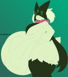 2026 4_fingers abdominal_bulge anthro big_breasts big_butt breast_curtains breasts butt digital_drawing_(artwork) digital_media_(artwork) eyes_closed facial_markings female female_anthro fingers flesh_fang flower_(anatomy) fur generation_9_pokemon green_body green_fur hand_on_hip head_markings hi_res huge_butt leg_tuft markings mask_(marking) meowscarada nintendo ochrecer pixel_(artwork) pokemon pokemon_(species) portrait prey_outline short_tail solo tail thick_thighs thigh_tuft three-quarter_portrait tuft vore