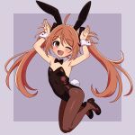  1girl absurdres aihara_enju animal_ear_hairband animal_ears black_bow black_bowtie black_bullet black_pantyhose bow bowtie brown_eyes brown_hair brown_pantyhose commentary detached_collar english_commentary fake_animal_ears full_body hairband hanakaji_(yuuchanto) highres jumping leotard one_eye_closed pantyhose playboy_bunny purple_background rabbit_ears rabbit_pose rabbit_tail smile solo strapless strapless_leotard tail twintails two-tone_background wrist_cuffs 