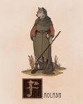  1boy belt celtic_mythology coin_purse commentary english_commentary furry furry_male green_tunic grey_cloak hand_in_pocket highres holding holding_staff male_focus medieval nathan_anderson rock simple_background solo staff tunic werewolf wolf_boy 
