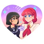  2girls abbybee_art absurdres black_eyes black_hair black_sailor_collar black_shirt blue_eyes closed_mouth collared_dress commentary dress heart highres lara_(sayonara_lara) long_hair looking_at_another multiple_girls neckerchief ootsu_mari red_hair red_neckerchief sailor_collar sayonara_lara school_uniform serafuku shirt short_hair smile sparkle white_dress yuri 