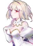  1girl antenna_hair archetype_earth arcueid_brunestud bare_shoulders blonde_hair blue_bow bow breasts cleavage commentary_request detached_sleeves dress dress_bow gloves gold_trim hair_between_eyes hand_on_own_chest high_collar highres large_breasts light_blush light_smile looking_at_viewer numuhe puffy_detached_sleeves puffy_sleeves red_eyes self-cosplay short_hair single_hair_intake slit_pupils smile tsukihime tsukihime_(remake) upper_body white_background white_dress white_gloves white_sleeves 