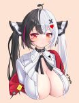  1girl ahoge alternate_breast_size_(larger) areola_slip black_choker black_hair blush breasts choker cleavage closed_mouth collared_shirt commentary_request hair_ornament heart heart_hair_ornament highres jacket lacrimosa_(nte) looking_at_viewer multicolored_hair neverness_to_everness orange_eyes purple_streaks red_jacket shirt solo split-color_hair streaked_hair two-tone_hair white_hair white_shirt x_hair_ornament zekabeca 