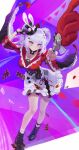  1girl absurdres aki_(xhs_428379286) alternate_breast_size_(larger) black_boots black_gloves boots breasts capelet chinese_commentary colorful_background commentary_request earrings facial_mark gloves hat heart heart_facial_mark highres holding holding_weapon honkai:_star_rail honkai_(series) jewelry large_breasts long_hair looking_at_viewer purple_eyes red_capelet skirt smile solo sparkle_(honkai:_star_rail) sparxie_(honkai:_star_rail) top_hat twintails very_long_hair weapon white_hair white_skirt 