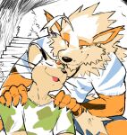 ahoge anthro anthrofied arcanine black_nose bottomwear camo camo_clothing camo_print camo_shirt camo_topwear cash_(dahecksajerry) claws closed_smile clothed clothing dahecksajerry duo eyes_closed finger_claws forehead_gem fully_clothed fur gem generation_1_pokemon hair hands_on_shoulders head_tilt leaning_on_another looking_at_another male massage mouth_closed nails nintendo orange_body orange_fur outdoor_background outside pattern_clothing pattern_shirt pattern_topwear persian_(pokemon) plant pokemon pokemon_(species) pokemorph red_eyes relaxed_expression samson_(dahecksajerry) shirt shorts shoulder_massage smile smiling_at_another smiling_at_each_other stairs striped_body striped_fur stripes t-shirt tan_body tan_fur topwear tree whiskers