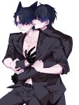  2boys angry animal_ears beaeh77376585 belt black_belt black_gloves black_hair black_pants blue_hair blush brown_eyes collarbone collared_shirt commentary_request dog_ears gloves highres inukai_yuto long_sleeves midriff multicolored_hair multiple_boys pants paradox_live red_eyes shirt short_hair simple_background two-tone_hair white_background yaoi 