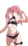  1girl :3 armpits ass_visible_through_thighs bare_arms bare_shoulders bikini black_bikini blue_nails breasts cleavage cleavage_cutout closed_mouth clothing_cutout commentary_request cowboy_shot green_eyes hair_ornament hanako_nana hand_up highleg highleg_bikini highres korean_commentary long_hair looking_at_viewer multicolored_hair nail_polish navel pink_hair rahwol177 simple_background small_breasts smile solo stellive stomach streaked_hair string_bikini swimsuit thigh_gap thigh_strap twintails virtual_youtuber white_background x_hair_ornament 