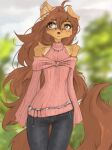 absurd_res anthro apogee_(tinygaypirate) arm_tuft bare_shoulders bottomwear breasts bridge_piercing brown_eyes brown_hair canid canine canis cheek_piercing cheek_tuft clothed clothing countershade_torso countershading denim denim_bottomwear denim_clothing depth_of_field domestic_dog ear_piercing ear_ring eyebrow_through_hair eyebrows eyelashes eyelashes_through_hair facial_piercing facial_tattoo facial_tuft female fluffy fluffy_tail freckled_ears freckled_face freckled_shoulders freckles fur gauged_ear hair hi_res inner_ear_fluff jeans jewelry long_hair long_tail looking_aside mammal markings mottled mottled_nose neck_tattoo necklace nose_piercing one_ear_up outside pants patch_(marking) piercing plant portrait ring_piercing shoulder_tuft slim small_breasts solo spitz sweater tail tan_body tan_countershading tan_fur tan_inner_ear tan_inner_ear_fluff tan_markings tattoo thigh_gap three-quarter_portrait tinygaypirate topwear translucent translucent_hair tree tuft wide_hips