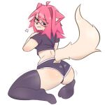1:1 accessory angry annoyed anthro athletic athletic_female bangs big_butt big_tail blush bottomwear bulge bulge_from_behind butt butt_focus clothing crop_top cross-popping_vein ears_up eyebrow_through_hair eyebrows eyewear feet felid feline female footwear glasses glistening glistening_body hair hair_accessory hairclip hotpants jiggling kneeling koyosumi legwear mammal motion_lines narrowed_eyes pink_hair rear_view secretly_loves_it shirt shorts side_eye socks solo squint squish stockings tail thick_thighs thigh_highs thigh_squish topwear translucent translucent_hair wearing_glasses
