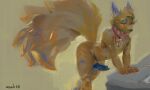 absurd_res animal_genitalia animal_penis anthro big_tail blonde_hair blue_ears blue_markings blue_penis canid canine canine_genitalia canine_penis closed_smile clothing erection fur genitals hair hi_res knot leaning leaning_forward male male_anthro mammal markings mostly_nude mouth_closed narrowed_eyes navel orange_markings oselotti pattern_clothing pattern_scarf penis red_eyes scarf short_hair signature slim_anthro slim_male smile solo standing striped_clothing striped_scarf stripes tail vein veiny_penis vulfe_(hackencraft) yellow_body yellow_fur yellow_tail