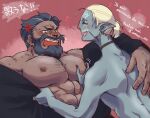  2boys abs anger_vein bara bare_pectorals beard blush commentary_request couple elezen elf facial_hair final_fantasy final_fantasy_xiv foreplay from_side full_beard grey_hair hairy hand_hair highres interspecies knuckle_hair large_pectorals long_mustache male_focus mature_male medium_hair multicolored_hair multiple_boys muscular muscular_male mustache mustache_stubble navel_hair nipples old old_man original pectorals pointy_ears roegadyn shi_(pixiv_24993110) short_hair shy size_difference skinny sparse_back_hair sparse_chest_hair streaked_hair stubble tan thick_beard translation_request upper_body warrior_of_light_(ff14) white_hair yaoi 