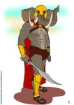 2022 abs anthro armor big_bulge bottomwear brown_bottomwear brown_clothing brown_eyes bulge cape clothing colored dated elephant elephantid footwear gabiri_(registeredjusttolurk3) headgear helmet hi_res holding_melee_weapon holding_object holding_sword holding_weapon looking_at_viewer male mammal melee_weapon muscular navel nipples pecs pink_nipples proboscidean proboscis_(anatomy) red_cape red_clothing sandals shoes simple_background solo standing sword trunk_(anatomy) tusk_jewelry warrior weapon white_background whitecolt_productions