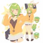  1girl absurdres bag black_background black_choker cellphone choker collarbone commentary_request cropped_legs eihara full_body green_hair gumi hair_ornament hand_in_pocket highres holding holding_phone hood hood_down hood_up hoodie kappa lace_trim looking_at_viewer loose_socks multiple_views one_eye_closed orange_hoodie phone selfie shoulder_bag smartphone socks star_(symbol) star_hair_ornament v vocaloid 