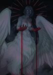 2024 5_fingers abstract_background arms_bent avian avian_taur belly blood blood_drip blood_from_mouth blood_in_mouth blood_on_breasts blood_on_hand bodily_fluids breasts christopher_ratto claws colored delicious_in_dungeon dragon dragon_taur dripping falin_touden feathered_wings feathers female fingers glowing glowing_eyes hair hands_forward hi_res humanoid_taur hybrid lips looking_at_viewer melee_weapon mythological_creature mythological_scalie mythology nude painting_(artwork) portrait pose quadruped red_body red_scales scales scalie shaded short_hair signature simple_background solo standing straight_hair sword taur teal_background three-quarter_portrait watermark weapon wing_claws wings yellow_eyes