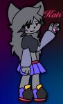 absurd_res anthro avalon_essence bottomwear clothing crop_top domestic_cat felid feline felis female fluffy fluffy_hair gradient_background grey_hair hair hi_res kati_hailberry long_sleeves mammal pawpads paws pink_pawpads shirt simple_background skirt solo tabby_cat text topwear