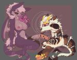 animal_genitalia animal_penis anthro bat bodily_fluids bovid breasts caden_(huf13) caprine caprine_demon chroma_(foxyffox) demon digitigrade drooling duo equine_genitalia equine_penis fangs foxyffox fur fur_markings genital_fluids genitals goat_demon gynomorph gynomorph/male heart_symbol hi_res hooves horn hypnotic_eyes intersex intersex/male long_tongue male mammal markings membrane_(anatomy) membranous_wings penis plantigrade precum purple_body purple_fur saliva striped_body striped_fur stripes teeth thick_fur tips_touching tongue wings wiping_mouth yellow_horn