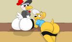 2024 adult_swim anthro avian beak big_butt bird black_bottomwear black_clothing black_eyes black_hat black_headwear black_nose black_shorts blue_clothing blue_shirt blue_topwear bottomwear bottomwear_down brappycatty butt canid canine canis cartoon_network chicken clothed clothing digital_drawing_(artwork) digital_media_(artwork) domestic_dog duo feathers female fur galliform gassy's_gas_'n_stuff grey_clothing grey_shirt grey_topwear half-closed_eyes hat headgear headwear hi_res huge_butt karla_(gassy's_gas_'n_stuff) leaning_on_counter looking_at_viewer looking_back looking_back_at_viewer lulu_(gassy's_gas_'n_stuff) mammal narrowed_eyes on_counter partially_clothed phasianid red_comb_(anatomy) shirt shorts shorts_down sitting_on_counter smile sooper tail thick_thighs topwear white_body white_clothing white_feathers white_hat white_headwear wide_hips widescreen yellow_beak yellow_body yellow_fur