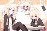  !? 1girl animal_ear_fluff animal_ears black_jacket black_thighhighs blazer blonde_hair blush bow bowtie cellphone chair closed_mouth collared_shirt desk diagonal-striped_bow dress_shirt drooling envelope feet_out_of_frame fox_ears fox_girl fox_tail hagoonha half-closed_eye hand_up highres holding holding_envelope jacket knees_up long_hair long_sleeves looking_at_viewer love_letter mouth_drool multiple_views open_clothes open_jacket open_mouth original phone pink_skirt plaid_clothes plaid_skirt pleated_skirt purple_eyes red_skirt school_chair school_desk school_uniform shirt sitting skirt spoken_blush striped_bow striped_clothes tail thighhighs white_shirt 