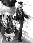  1girl absurdres black_gloves black_necktie boots chibi commentary gloves hat headset highres hist_sg long_hair looking_at_viewer necktie original pantyhose pink_eyes shirt sparkle untranslatable_commentary white_hair 