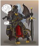 2026 2_horns absurd_res anthro anthro_pred armor big_breasts black_armor black_body bone_breaking breasts claws clothed clothed_anthro clothed_female clothing curved_horn digestion dragon european_mythology female female_anthro female_pred front_view fully_clothed fully_clothed_anthro fully_clothed_female furgonomics gauntlets gloves gold_crown gradient_background hair handwear headgear helmet hi_res holding_melee_weapon holding_object holding_sword holding_weapon horn horn_crown huge_breasts knight long_hair melee_weapon membrane_(anatomy) membranous_wings mendraza_larexian mythological_creature mythological_scalie mythology scalie shoulder_pads simple_background smoke standing sword tail_armor talking_to_another talking_to_prey the_saint_of_ravens thick_thighs unwilling_prey vore warrior weapon western_dragon white_hair wide_hips wings yellow_claws