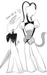 5:8 antennae_(anatomy) anthro arthropod bottomwear clothing cranestring828 digital_drawing_(artwork) digital_media_(artwork) dress duo female hi_res holding_object holding_weapon hollow_knight:_silksong hollow_knight_(franchise) hornet's_needle hornet_(hollow_knight) jewelry long_dress looking_back monochrome narrowed_eyes necklace pants shakra_(hollow_knight:_silksong) signature simple_background small_waist source_request standing strapless_clothing strapless_dress tail tail_motion tailwag team_cherry topwear unavailable_at_source weapon wristband