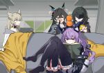  >_< 4girls :d animal_ears arknights arknights:_endfield bird_ears bird_girl black_gloves black_thighhighs blindfold_mask book chen_qianyu_(arknights) commentary couch dragon_girl dragon_horns eastern_dragon_horns endministrator_(arknights) english_commentary eri_(erikiri) female_endministrator_(arknights) food fruit gloves horns mandarin_orange mask multiple_girls on_couch open_book orange_(fruit) perlica_(arknights) purple_eyes purple_hair reading sitting smile sweatdrop thighhighs typhoeus_(arknights) typhon_(arknights) xd 