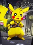 absurd_res anthro city digital_media_(artwork) generation_1_pokemon generation_2_pokemon gengar hi_res ichimoral liquid_metal male metal metal_pichu nintendo pichu pikachu pixel_(artwork) pokemon pokemon_(species) shocked short solo surprised