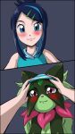9:16 anthro blush bottomwear breasts cat_smile cleavage clothed clothing duo female front_view generation_9_pokemon hi_res human liko's_meowscarada liko_(pokemon) mammal meesky meowscarada nintendo panties pattern_bottomwear pattern_clothing pattern_panties pattern_underwear pokemon pokemon_(species) striped_bottomwear striped_clothing striped_panties striped_underwear stripes teal_clothing teal_panties teal_underwear underwear underwear_on_head