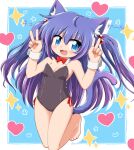  1girl :3 animal_ears bare_shoulders barefoot black_leotard blue_eyes bow bowtie breasts cat_ears cat_girl cat_tail cleavage commentary_request detached_collar double_v fang feet_up_heels_up heart highres inatsuka_haru leotard long_hair nontraditional_playboy_bunny original purple_hair red_bow red_bowtie small_breasts solo strapless strapless_leotard tail traditional_bowtie v very_long_hair wrist_cuffs 