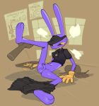 3_toes 5_fingers anthro balls bodily_fluids bottomless bottomless_male bottomwear bottomwear_around_one_leg bottomwear_down clothed clothing clothing_around_one_leg container cup disembodied_hand fast_food_uniform feet fingers food fries genitals glitch_productions hi_res jax_(tadc) lagomorph leporid male mammal motion_lines navel pants pants_around_one_leg pantsless penis poster rabbit raised_clothing raised_leg raised_shirt raised_topwear shirt small_balls small_penis solo spilled_drink spilled_food spudsy's steam submarine_screw sweat sweatdrop tears the_amazing_digital_circus toes topwear tray upset