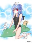  1girl akishikino alternate_costume artist_name black_capelet blue_hair blush bow capelet cat commentary_request dress hair_bow half_updo highres inflatable_dolphin inflatable_toy len_(tsukihime) long_hair one-piece_swimsuit pointy_ears red_eyes sleeveless solo swimsuit tsukihime watermark 