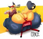 alejandra_(doncuervo05) anthro bass_pro_shops big_breasts big_butt blonde_hair bottomwear breasts butt chair clothing coca-cola crowundeadcat dipstick_ears dipstick_tail ear_markings eating english_text eyewear female furgonomic_piercing furgonomics furniture generation_1_pokemon hair hat headgear headwear hi_res huge_butt hyper hyper_butt looking_back markings multicolored_ears nintendo pants piercing pikachu plate pokemon pokemon_(species) shirt sitting solo spanish_text sunglasses tail tail_markings tail_piercing text thong topwear translated underwear yellow_body