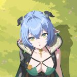  1girl animal_ears blue_hair blush braid breasts choker cleavage commentary goat_ears goat_girl goat_horns hair_between_eyes horns large_breasts long_hair looking_at_viewer lucia_elowen mailkompany open_mouth pointy_ears solo yellow_eyes zenless_zone_zero 