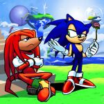 1:1 black_nose blue_body blue_ears blue_fur blue_hair blue_quills blue_tail clothing countershading cross-popping_vein crossed_arms dandelion duo echidna eulipotyphlan flower footwear frown fur glistening glistening_eyes gloves green_eyes hair handwear hedgehog hi_res knuckles_the_echidna kolsan long_tail male mammal monotreme mouth_closed multicolored_clothing multicolored_footwear multicolored_shoes open_mouth open_smile pink_tongue plant pupils purple_eyes red_clothing red_footwear red_shoes red_tail sega shoes short_tail sitting smile snout sonic_the_hedgehog sonic_the_hedgehog_(series) standing tail tan_body tan_countershading tan_inner_ear tan_skin teeth teeth_showing tongue two_tone_clothing two_tone_footwear two_tone_shoes white_clothing white_footwear white_gloves white_handwear white_shoes yellow_clothing yellow_footwear yellow_shoes