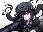 1girl aiming arm_belt bandaged_arm bandaged_hand bandages black_choker black_coat black_hair black_hat black_ribbon bullet choker coat collared_dress commentary_request dress dust furrowed_brow goggles goggles_on_headwear grey_dress grey_eyes gun hair_ornament hat highres holding holding_gun holding_weapon kurobe_nanoka long_hair mahou_shoujo_no_majo_saiban neck_ribbon plaid_clothes plaid_dress ribbon rifle solo twintails urada_silue weapon white_background 