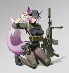  1girl absurdres animal_ears artist_name baseball_cap belt black_one-piece_swimsuit black_pantyhose black_shoes breasts chest_rig commentary_request commission fang fingerless_gloves fox_ears fox_girl fox_tail full_body glock gloves green_shrug grey_background gun hand_on_own_face handgun hat highres holster knee_pads korean_commentary large_breasts looking_at_viewer m250 machine_gun one-piece_swimsuit original pantyhose pink_hair red_eyes shadow shoes short_hair shrug_(clothing) simple_background skull sneakers solo swimsuit tactical_clothes tail tongue tongue_out weapon youngmoonxx 