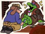 3_toes 4:3 anthro basset_hound black_clothing black_footwear black_socks blue_clothing blue_topwear book bottomwear brown_body brown_bottomwear brown_clothing brown_fur brown_hat brown_headwear brown_pants canid canine canis clothed clothed_anthro clothed_male clothing deltarune domestic_dog duo elderly_anthro elderly_male feet footwear fur gerson_boom green_body green_scales hat headgear headwear hi_res hunting_dog kneeling male mammal open_mouth open_smile pants patugh reptile scales scalie scent_hound smile socks tail tail_motion tailwag tickle_fetish tickling tickling_feet toes topwear turtle undertale_(series)