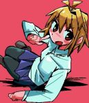  1girl :d antenna_hair arcueid_brunestud arm_support black_pantyhose blonde_hair blush blush_stickers boots brown_boots finger_to_cheek hair_between_eyes jewelry looking_at_viewer miniskirt moyosan necklace on_floor open_mouth pantyhose pink_background plaid_clothes plaid_skirt red_eyes shiny_clothes short_hair single_hair_intake sitting skirt smile solo sweater thighs tsukihime tsukihime_(remake) turtleneck turtleneck_sweater white_sweater 
