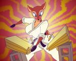 abstract_background alternate_version_at_paywall anthro belt big_breasts black_belt blue_eyes breasts brown_body brown_fur cinder_block cleavage clothed clothing deer digital_drawing_(artwork) digital_media_(artwork) disney female fur gavanzude hi_res karate_chop keikogi mammal markings martial_arts_uniform pixar signature solo sportswear tae-kwon_doe taekwondo tan_markings toy_story wooden_board