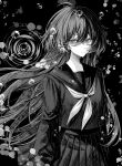  1girl absurdres ahoge air_bubble bubble closed_mouth commentary greyscale hair_between_eyes highres hist_sg long_hair long_sleeves looking_at_viewer monochrome neckerchief original pleated_skirt sailor_collar school_uniform serafuku shirt skirt solo 
